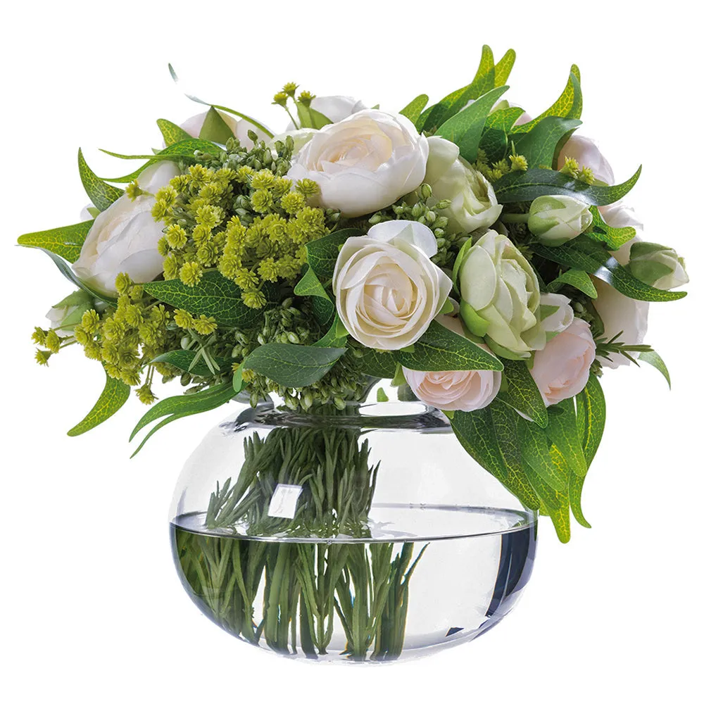 10.5"Hx11"W Mixed Ranunculus, Viburnum & Ruscus Leaf Silk Flower Arrangement w/Glass Vase -Cream/Peach