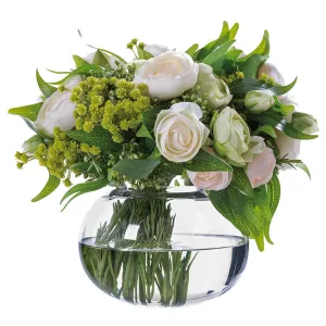 10.5"Hx11"W Mixed Ranunculus, Viburnum & Ruscus Leaf Silk Flower Arrangement w/Glass Vase -Cream/Peach
