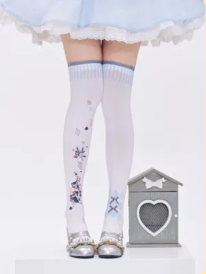 Alice in Wonderland Vibes Poker Print White  Over Knee Stockings