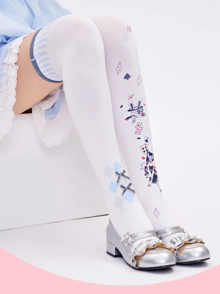 Alice in Wonderland Vibes Poker Print White  Over Knee Stockings