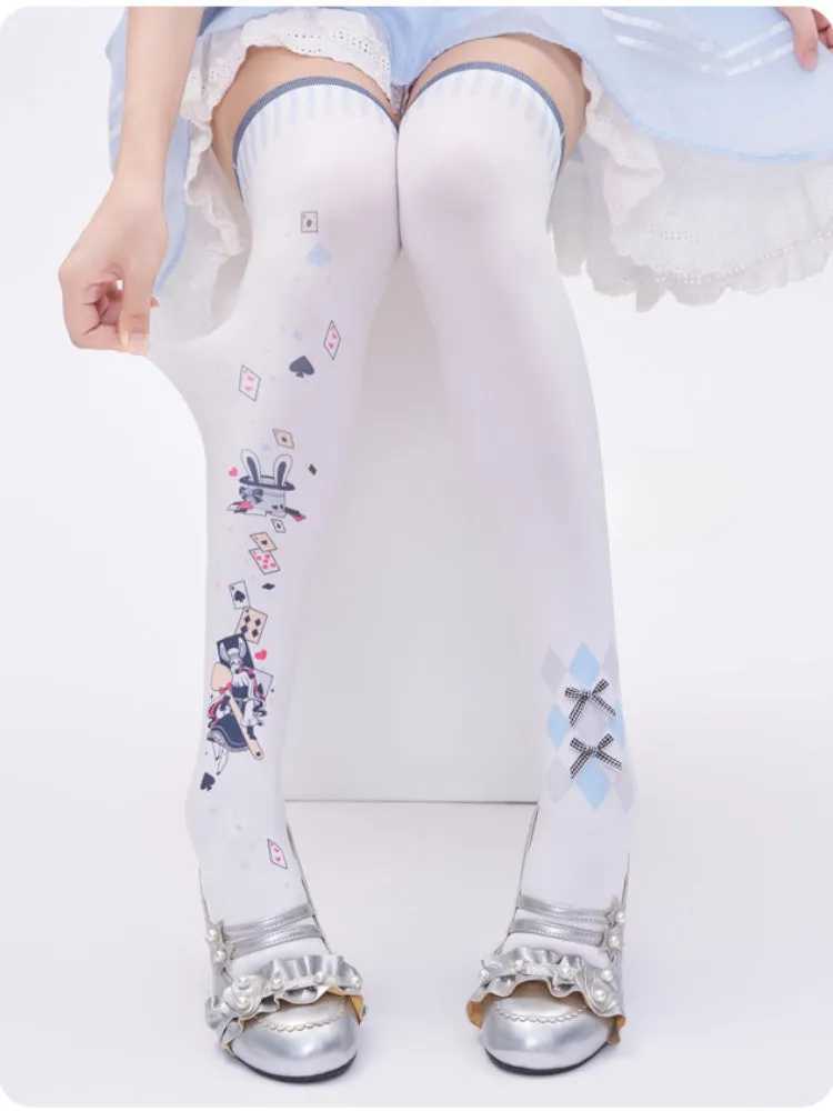 Alice in Wonderland Vibes Poker Print White  Over Knee Stockings
