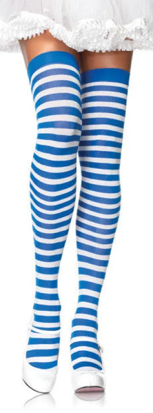 Blue and White Striped Thigh High Stockings
