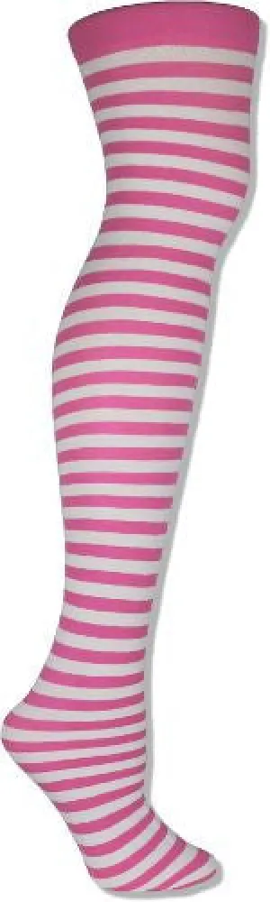 Bright Pink and White Striped Thigh High Stockings (Women's)