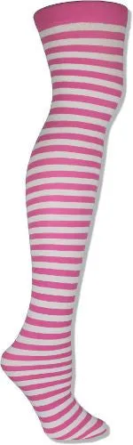 Bright Pink and White Striped Thigh High Stockings (Women's)