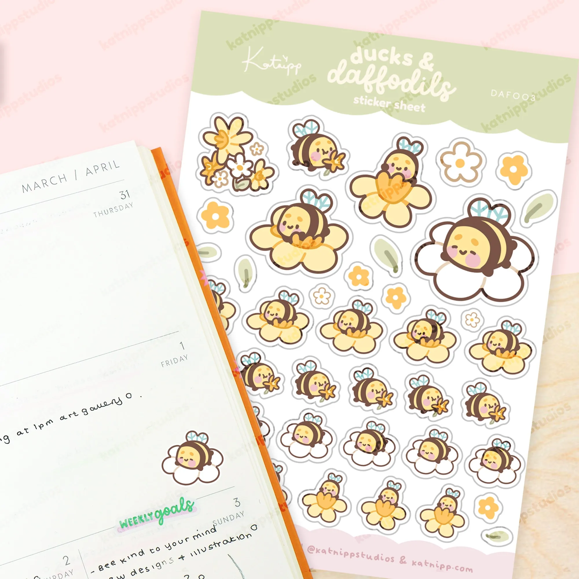 Bumblebutt Spring Ducks & Daffodils Sticker Sheet | A6 Spring Flower & Bumblebee Stickers – DAF003