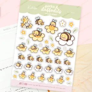 Bumblebutt Spring Ducks & Daffodils Sticker Sheet | A6 Spring Flower & Bumblebee Stickers – DAF003
