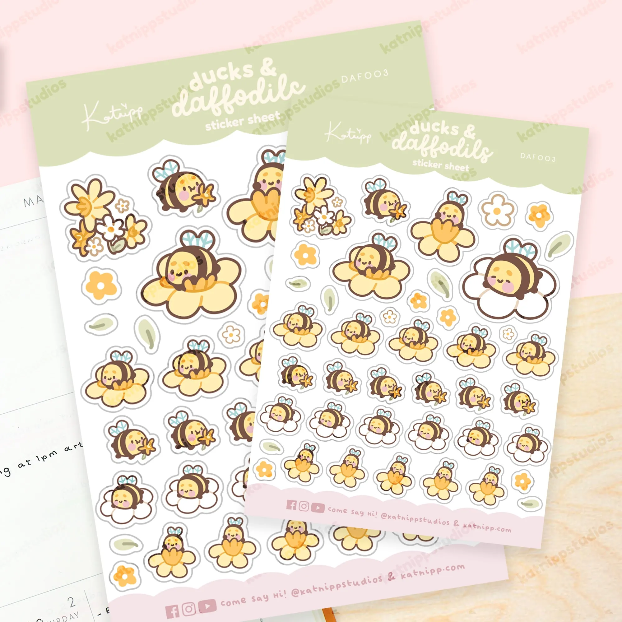 Bumblebutt Spring Ducks & Daffodils Sticker Sheet | A6 Spring Flower & Bumblebee Stickers – DAF003