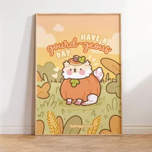 Gourd-geous Day Art Print | Kawaii Puddin the Dog in Pumpkin Outfit | Autumn Cottage Core Wall Decor
