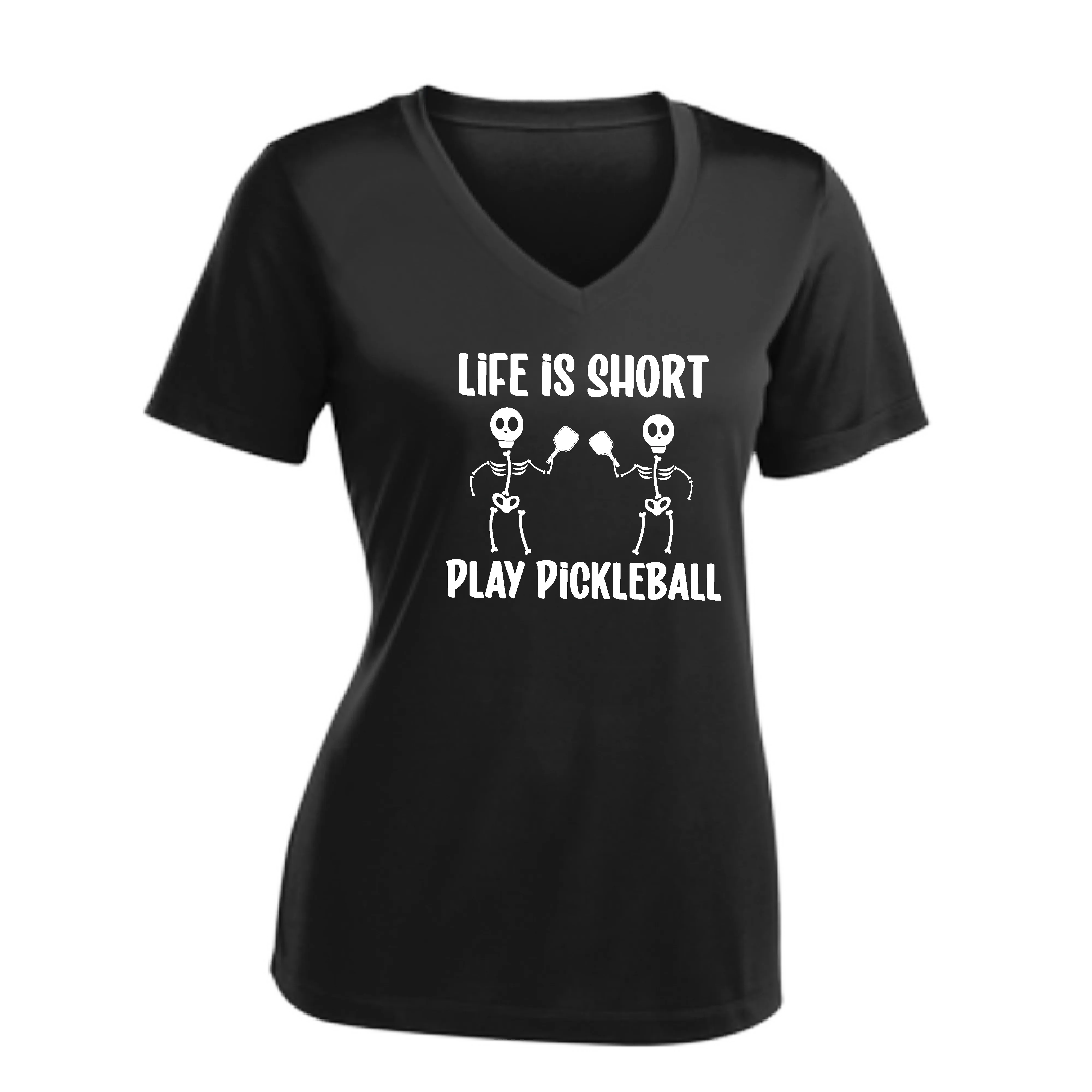 Life is Short Skeletons | Women's Short Sleeve V-Neck Pickleball Shirts | 100% Polyester