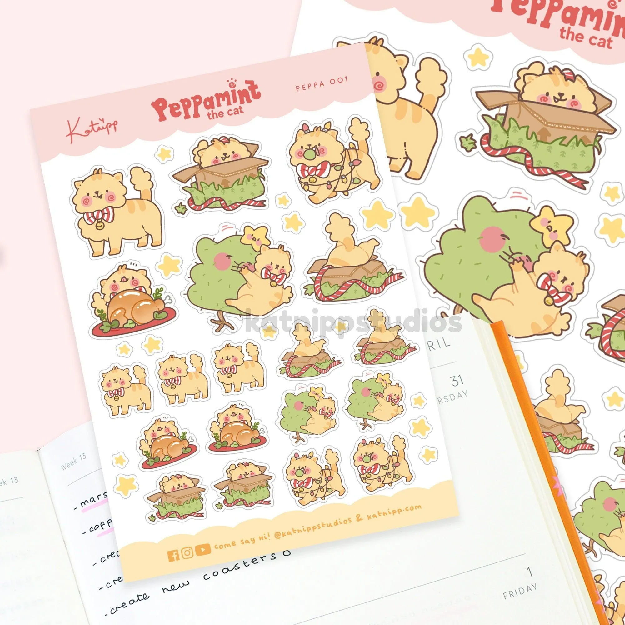 Peppamint the Cat Christmas Sticker Sheet | Cute Festive Planner Stickers | Kawaii Holiday Stationery | PEPPA 001