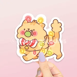 Peppamint the Cat Wrapped in Christmas Lights Sticker | Cute Holiday Vinyl | Kawaii Festive Planner & Gift Decoration