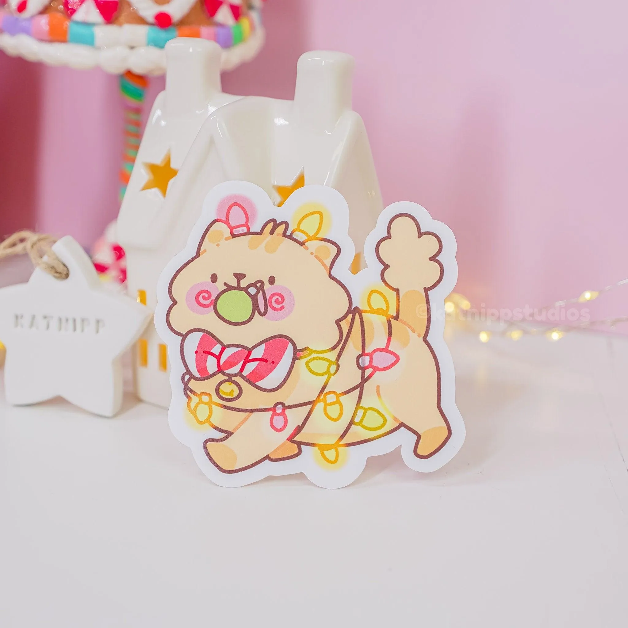 Peppamint the Cat Wrapped in Christmas Lights Sticker | Cute Holiday Vinyl | Kawaii Festive Planner & Gift Decoration