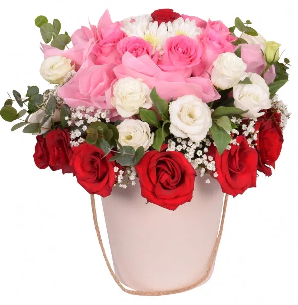 Pink White and Red Roses in Box