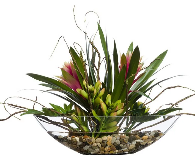 Tropical Bromeliads Yacht Silks Centerpiece Arrangement